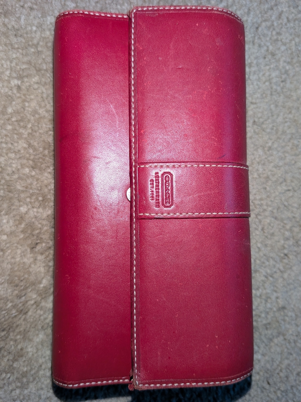 Vintage Coach Red Leather Tri- Fold Clutch Wallet With Check Book Holder